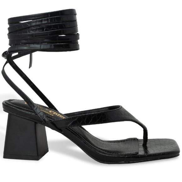 Women’s Square Open Toe Wrap Tie Block Heeled Sandals - Picture 1 of 4
